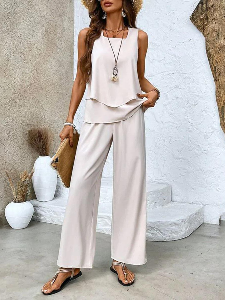 Sleeveless Summer Two-Piece Set with Wide-Leg Leaf Pattern Pants