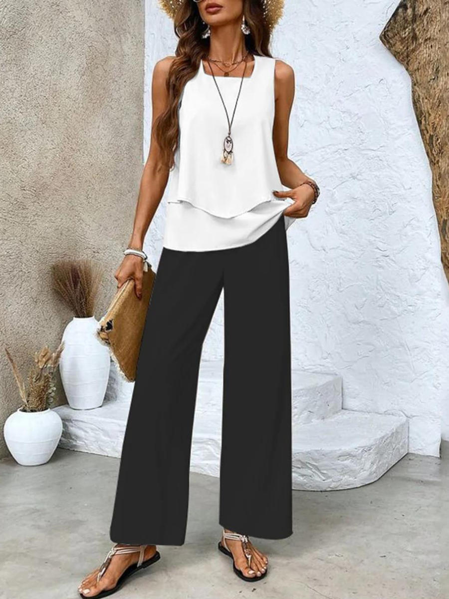 Sleeveless Summer Two-Piece Set with Wide-Leg Leaf Pattern Pants