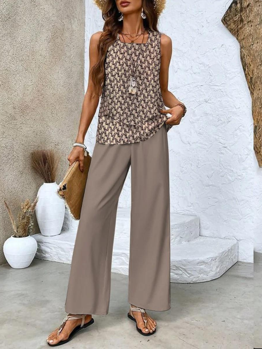 Sleeveless Summer Two-Piece Set with Wide-Leg Leaf Pattern Pants