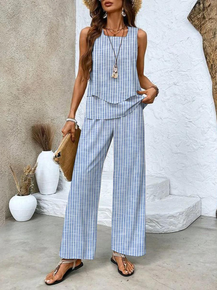 Sleeveless Summer Two-Piece Set with Wide-Leg Leaf Pattern Pants