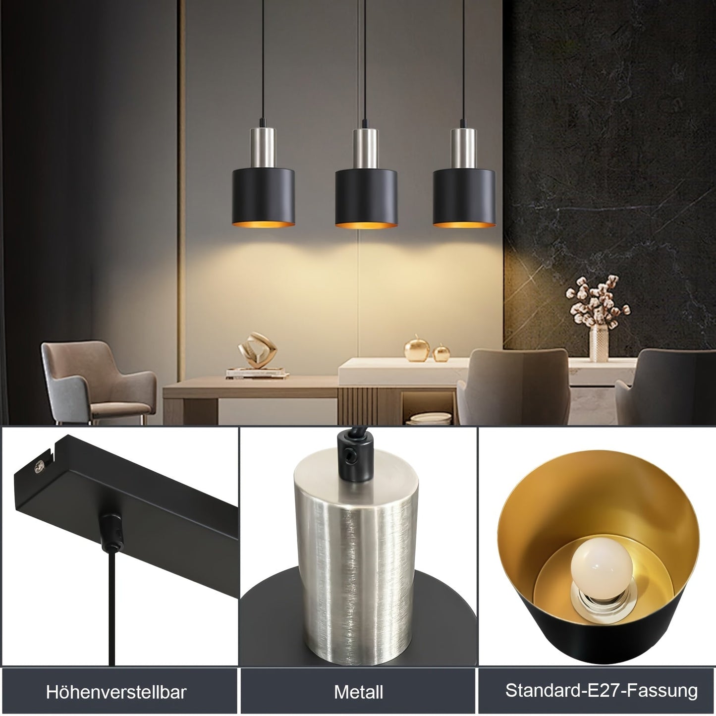 Black and Gold Industrial Pendant Light with Adjustable Height