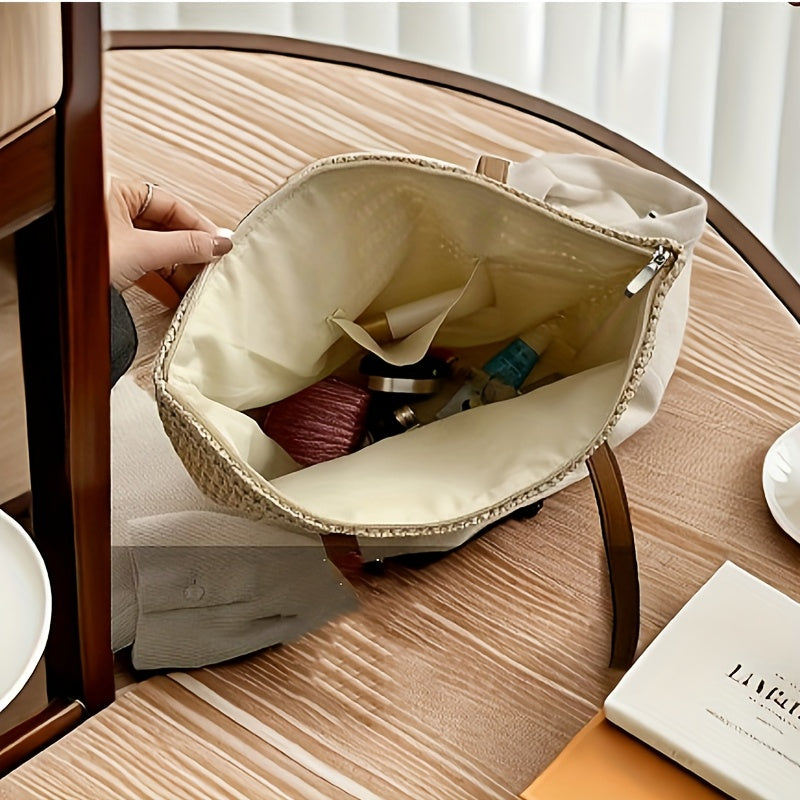 Spacious Woven Straw Beach Tote with Zipper Closure