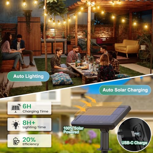 52FT Solar String Lights with Remote Control, Warm White LED, Waterproof
