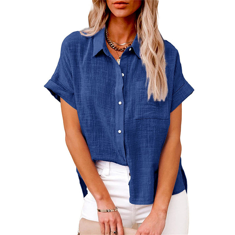 Women’s Loose Fit Cotton-Linen Blouse with Button Closure and Short Sleeves