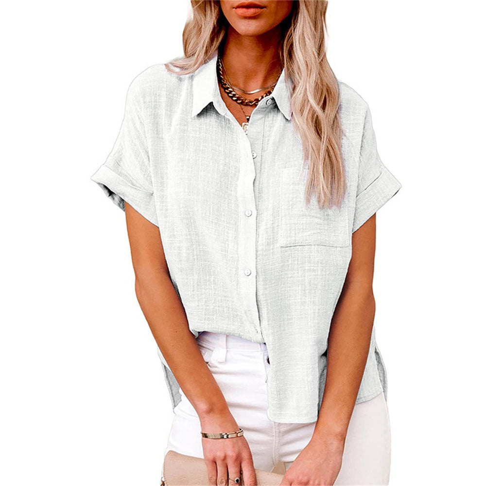 Women’s Loose Fit Cotton-Linen Blouse with Button Closure and Short Sleeves