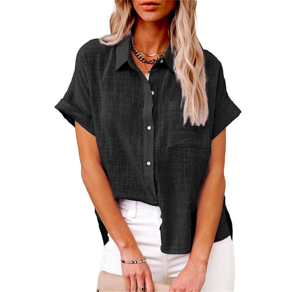 Women’s Loose Fit Cotton-Linen Blouse with Button Closure and Short Sleeves