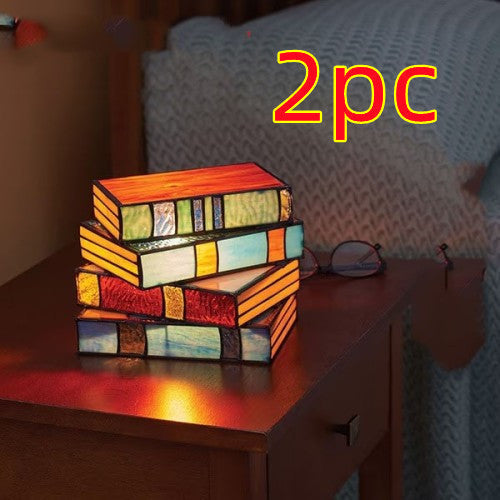 Stacked Books Table Lamp with Artisan Glass Panels