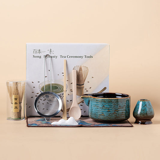 Kiln-Changed Blue Matcha Tea Set with Whisk Holder and Accessories
