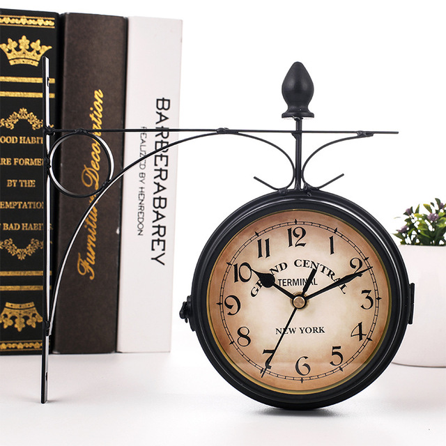 Double-Sided Vintage Iron Wall Clock with Analog and Digital Display