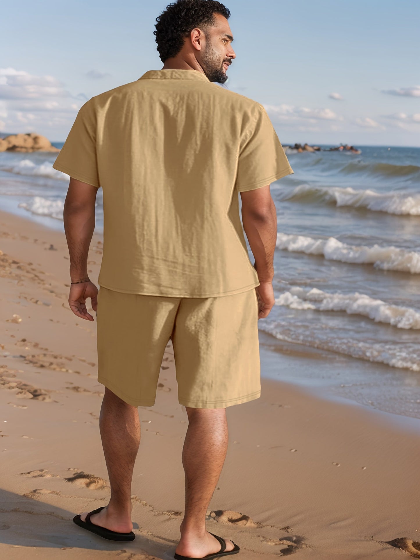 Linen Look Short Sleeve Summer Set for Men with Elastic Waist Shorts