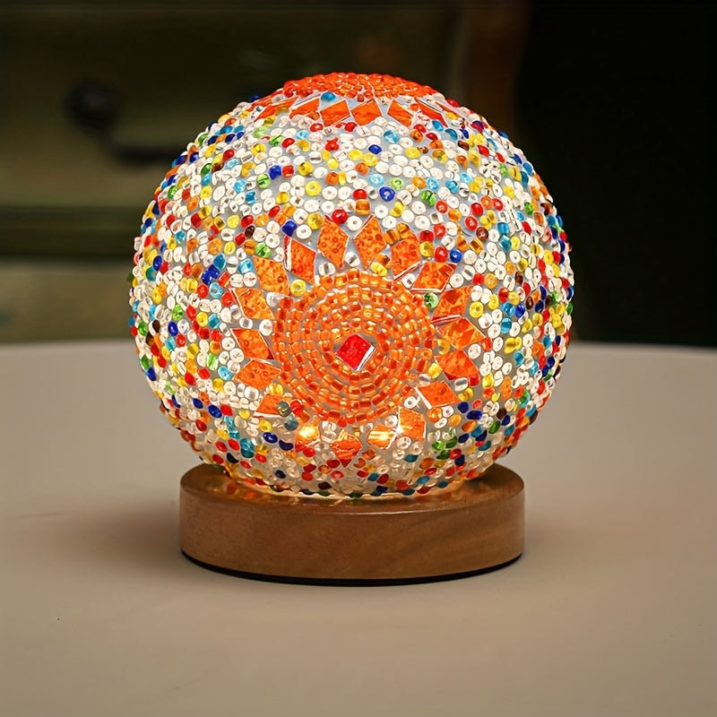 Mosaic Glass Globe Table Lamp with Wooden Base - Turkish Moroccan Style