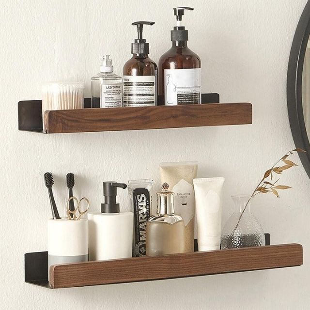 Solid Wood Bathroom Shelf Organizer - No Drill Installation