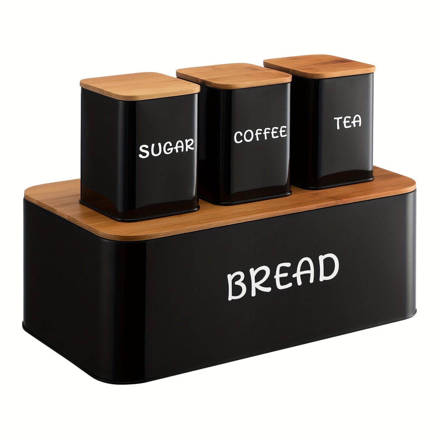 Bamboo Lid Bread Box Set with Tea, Coffee, Sugar Canisters