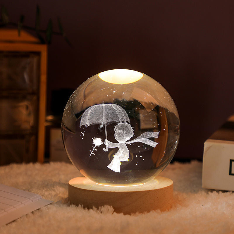 3D Solar System Crystal Ball Night Light with Wooden Base