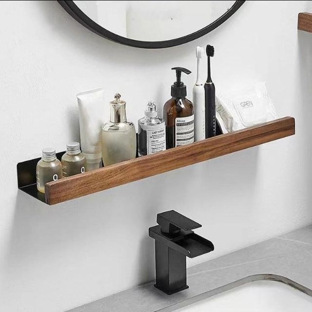 Solid Wood Bathroom Shelf Organizer - No Drill Installation