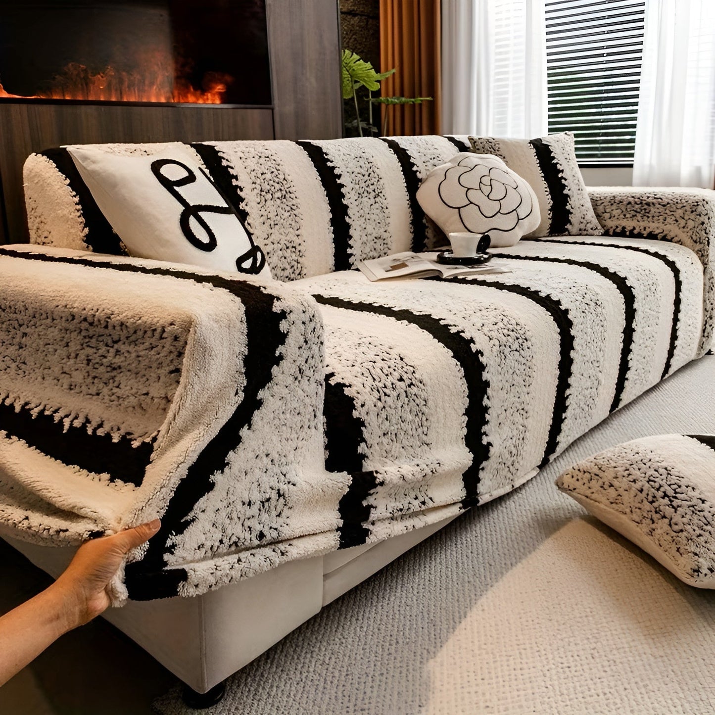 Plush Vertical Striped Sofa Cover Set - Soft Polyester Protection