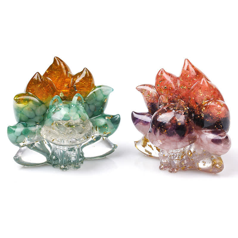 Nine-Tailed Fox Gemstone Figurine with Natural Crystals