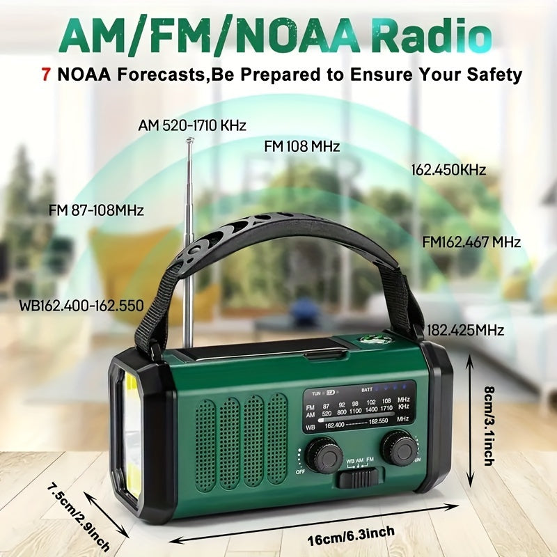 Emergency Solar Crank Radio with 10,000 mAh Power Bank, LED Light, SOS Alarm, and Compass