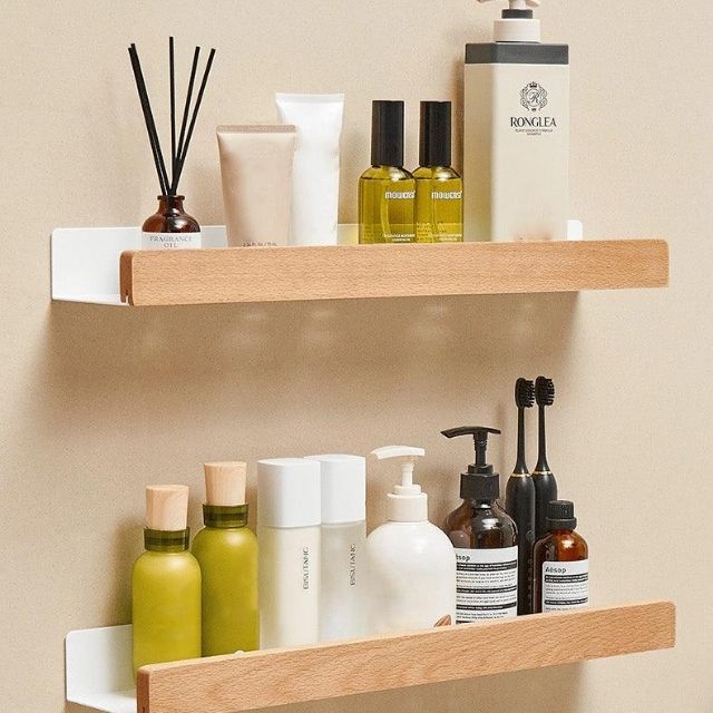 Solid Wood Bathroom Shelf Organizer - No Drill Installation