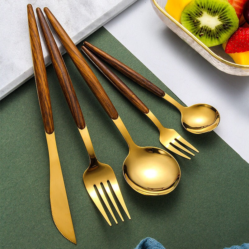 Wooden Handle Cutlery Set with Knife, Fork, Spoon, and Teaspoon