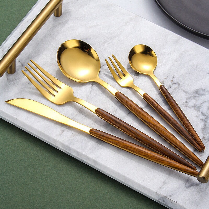 Wooden Handle Cutlery Set with Knife, Fork, Spoon, and Teaspoon