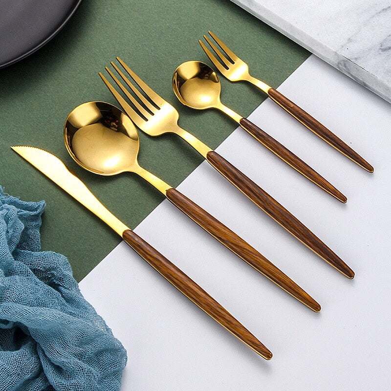 Wooden Handle Cutlery Set with Knife, Fork, Spoon, and Teaspoon
