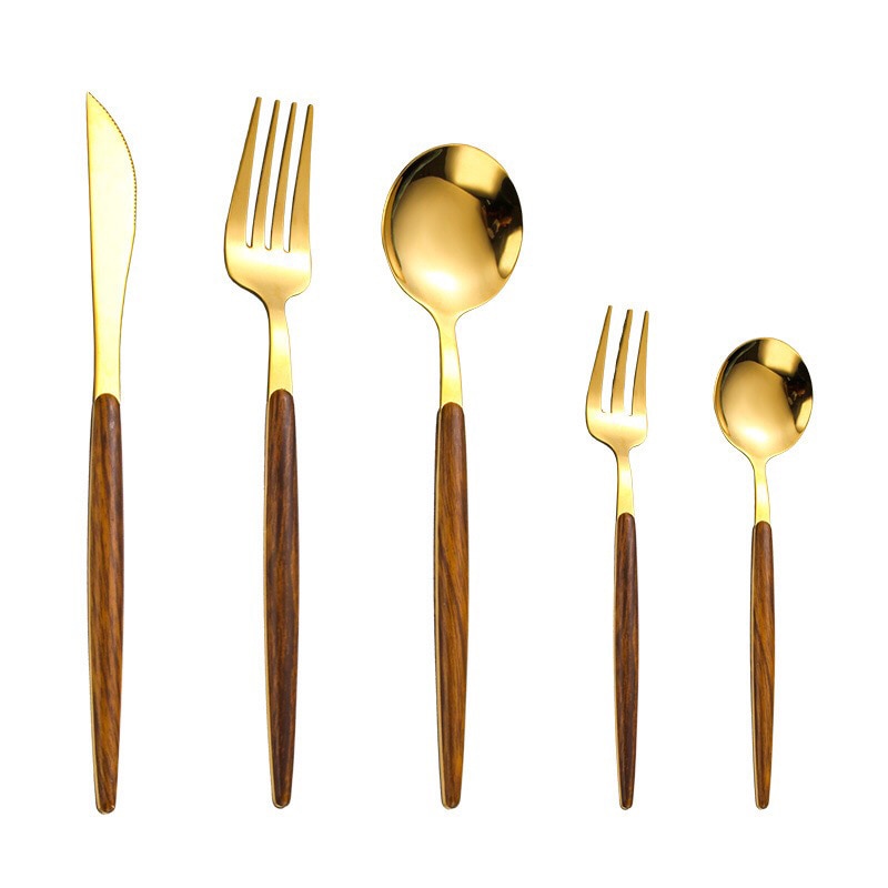 Wooden Handle Cutlery Set with Knife, Fork, Spoon, and Teaspoon