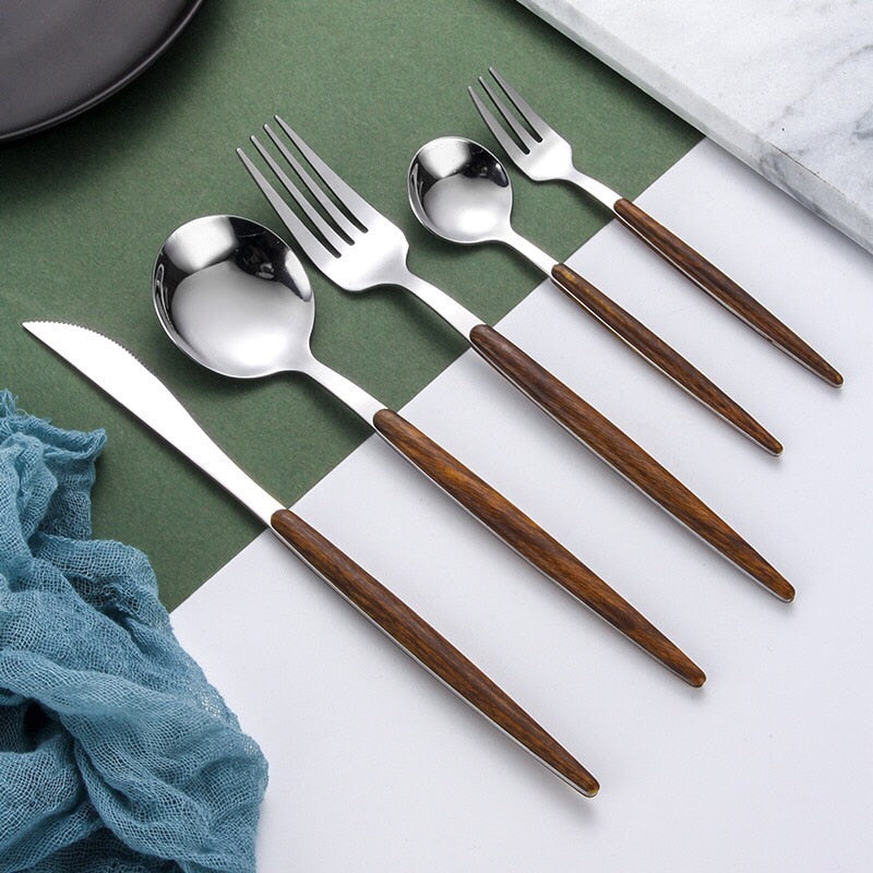Wooden Handle Cutlery Set with Knife, Fork, Spoon, and Teaspoon