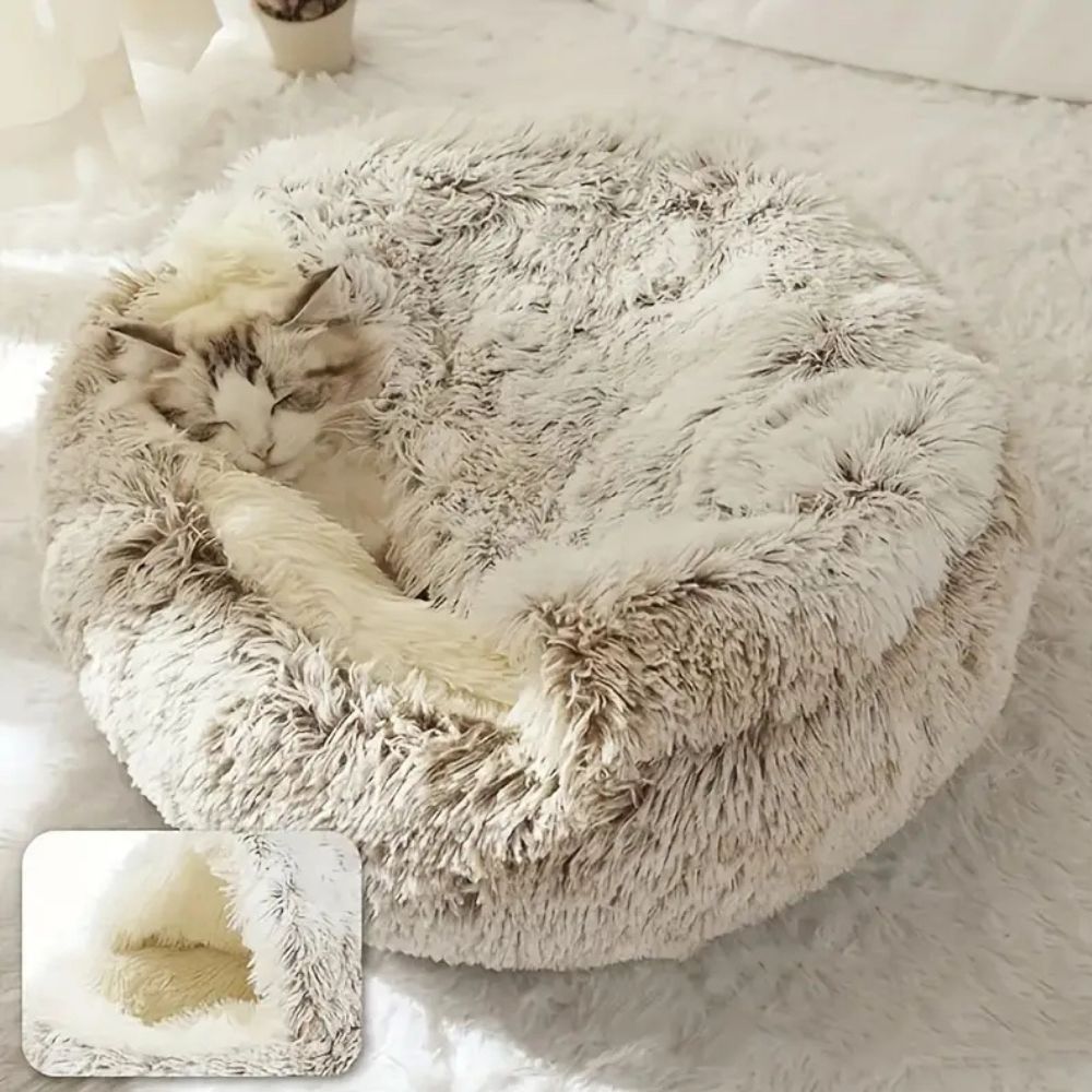 Hooded Faux Fur Pet Bed for Cats and Dogs
