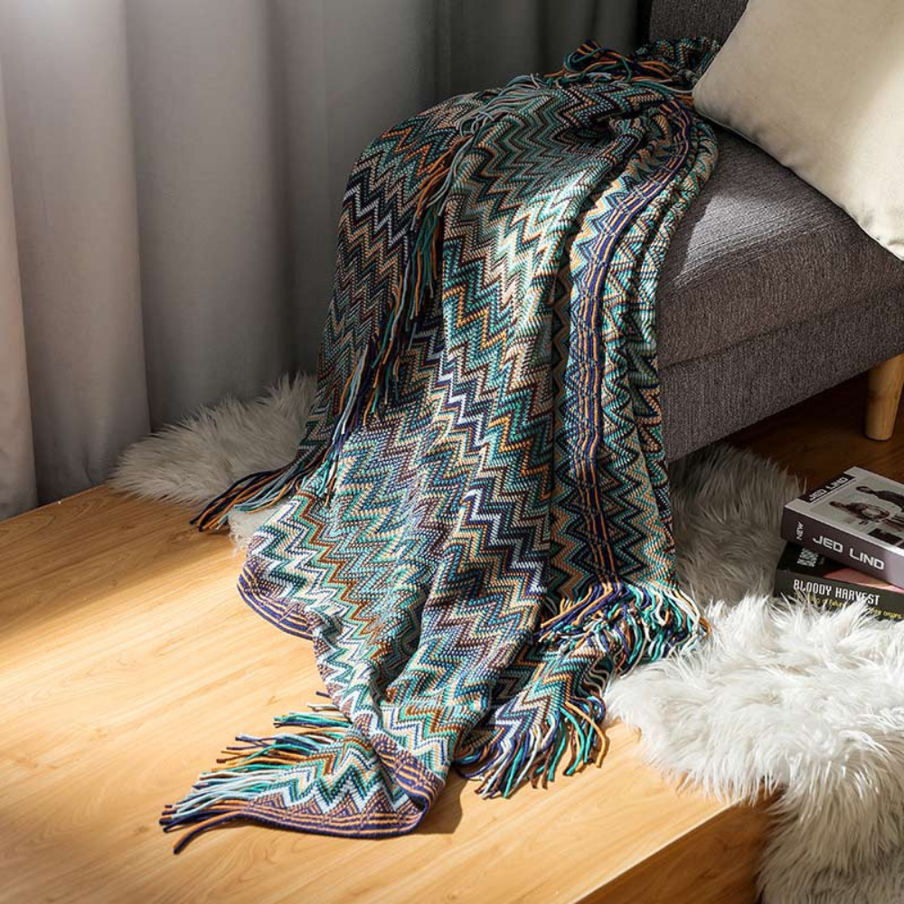Multicolor Boho Zigzag Knit Throw Blanket with Tassels