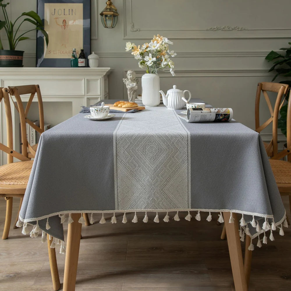 Geometric Jacquard Tablecloth with Tassel Fringe