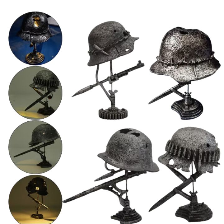 Vintage Steel Military Helmet Table Lamp with LED Flame Effect