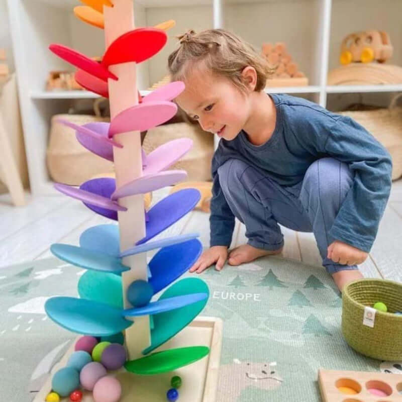 Rainbow Wooden Marble Run Toy with Sound for Kids