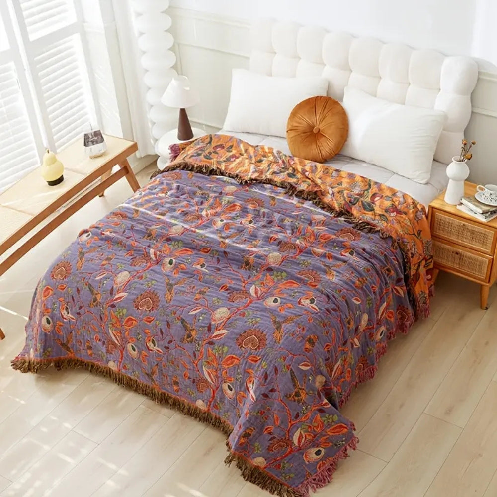 Floral Jacquard Cotton Tassel Blanket