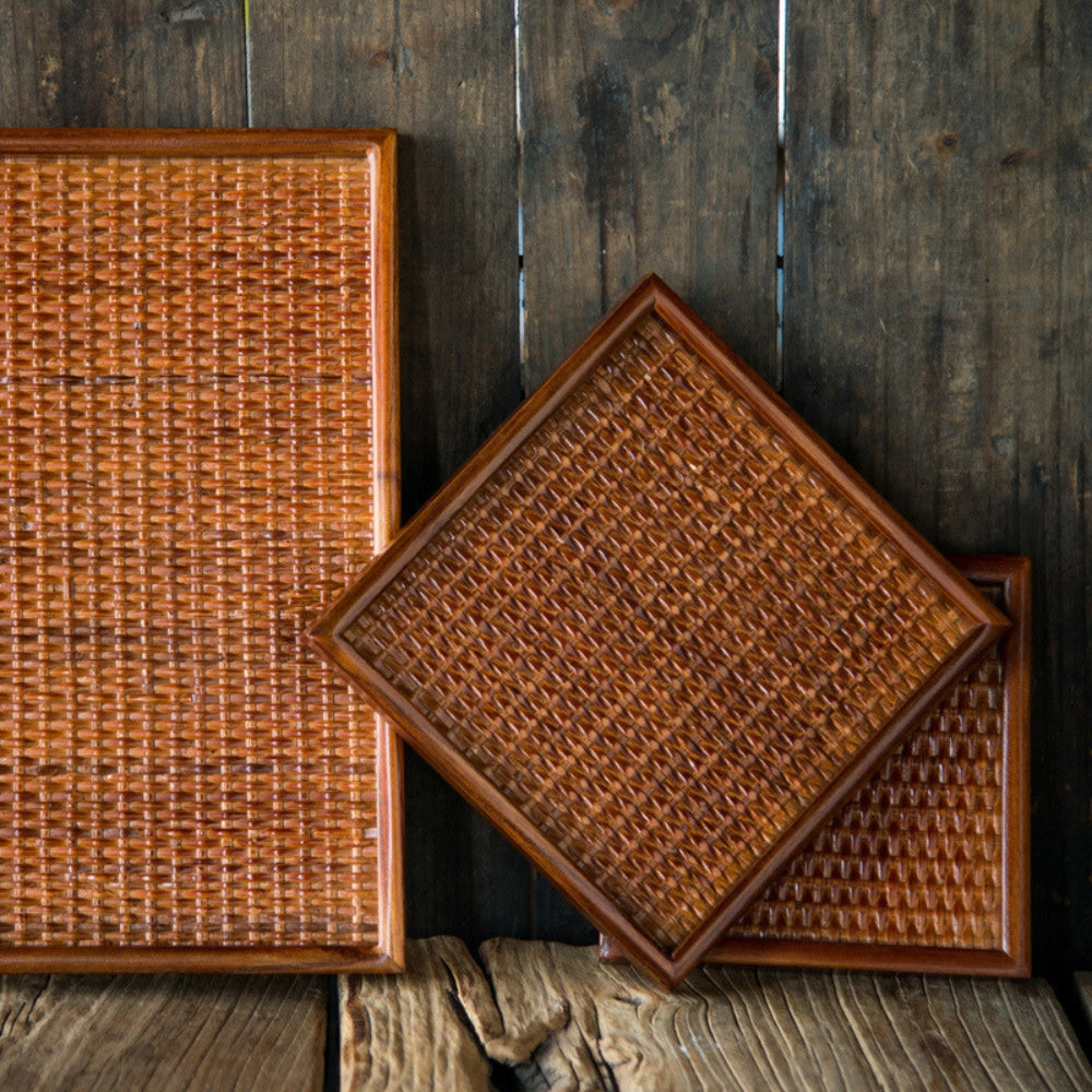 Rattan-Inspired Wooden Tea Tray Set