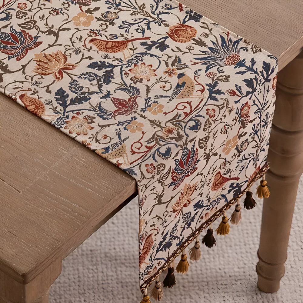Vintage Floral Bird Jacquard Table Runner with Tasselled Edges