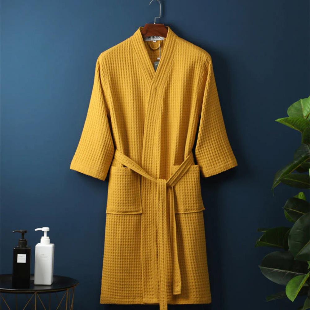 Waffle V-neck Cotton Bathrobe with Pockets