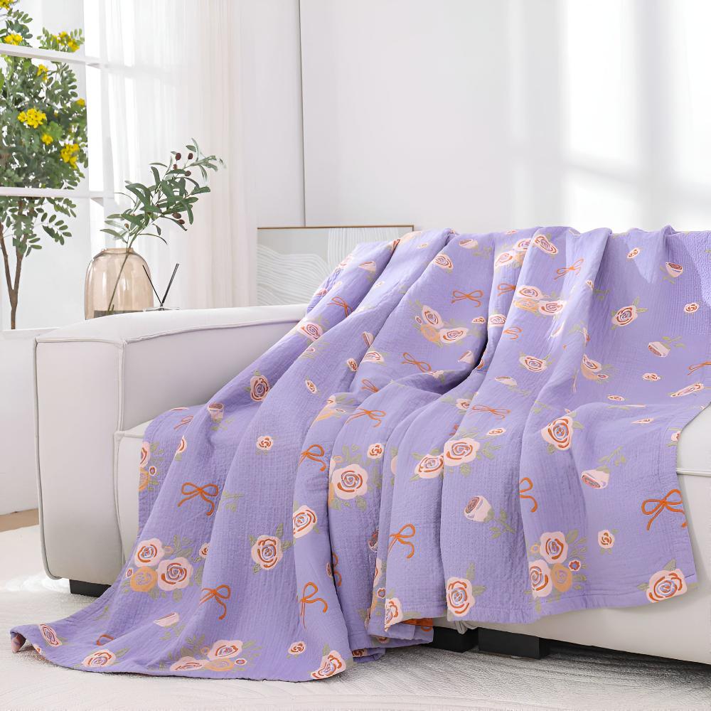 Reversible Bow-Knot and Rose Cotton Gauze Blanket