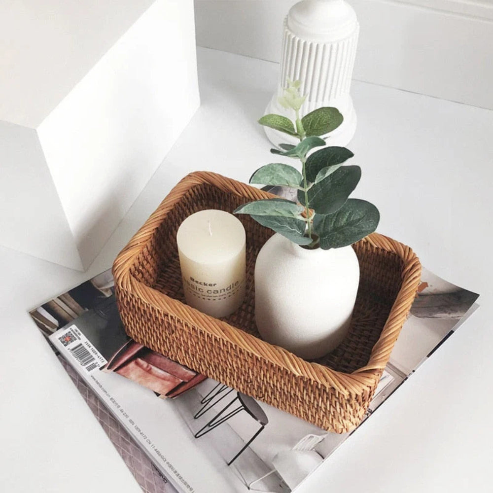 Hand-Woven Rectangular Rattan Storage Basket