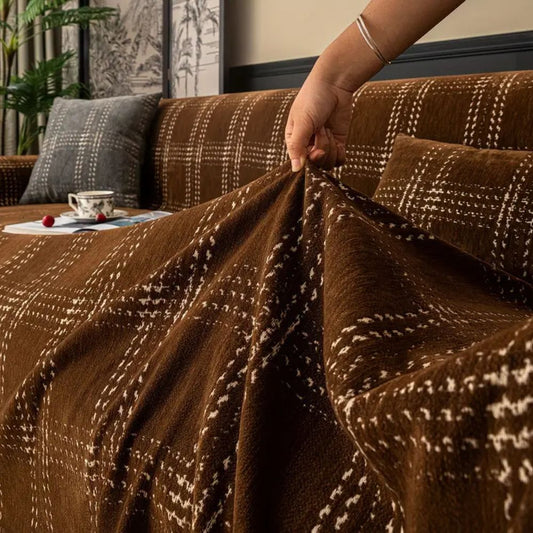 Chesterfield Plaid Chenille Sofa Cover with Anti-Slip Design