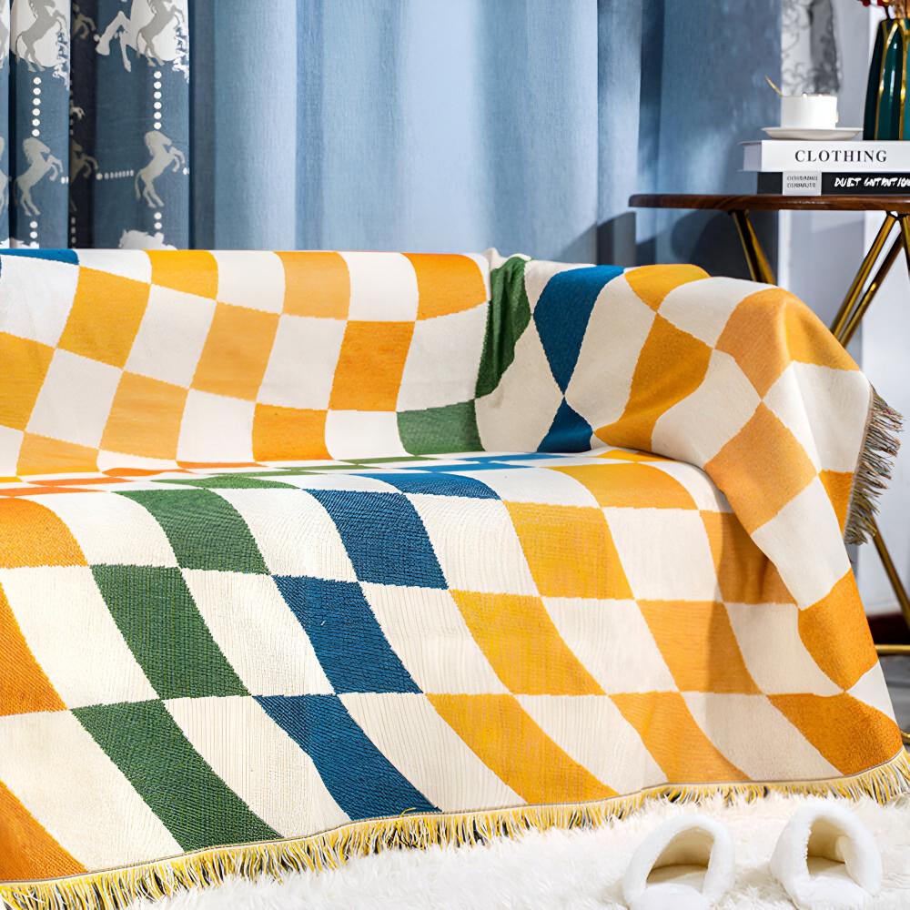 Colorful Checkerboard Tassel Throw Blanket