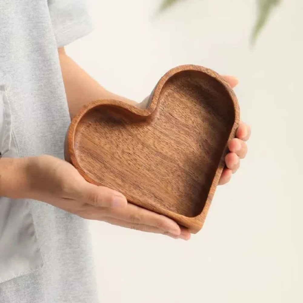 Heart-Shaped Solid Nut Wood Snack Trays - Set of 4