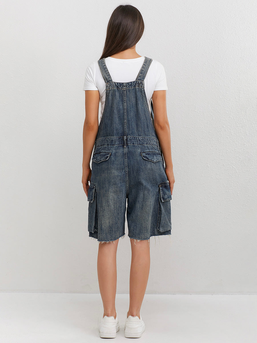 Vintage-Inspired Denim Overall Shorts with Adjustable Straps
