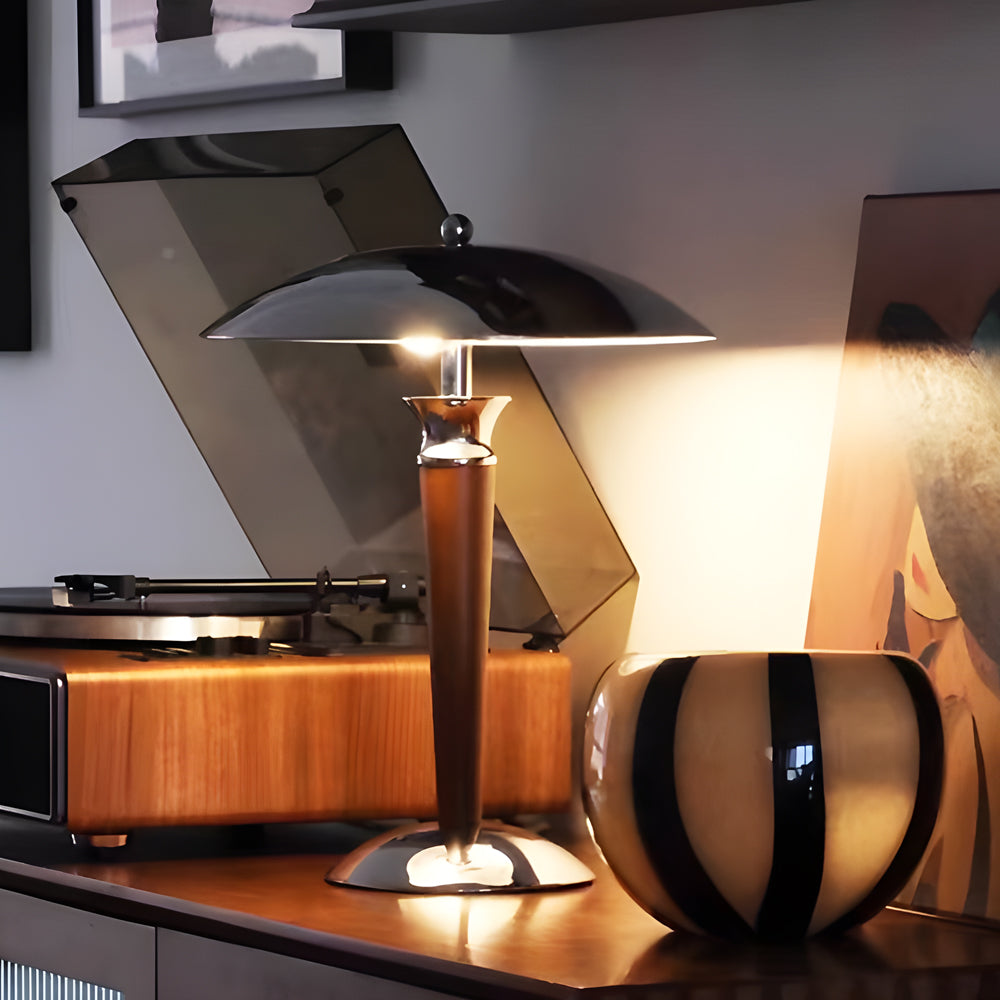 Retro Mushroom Table Lamp with Dimming Function in Chrome and Wood