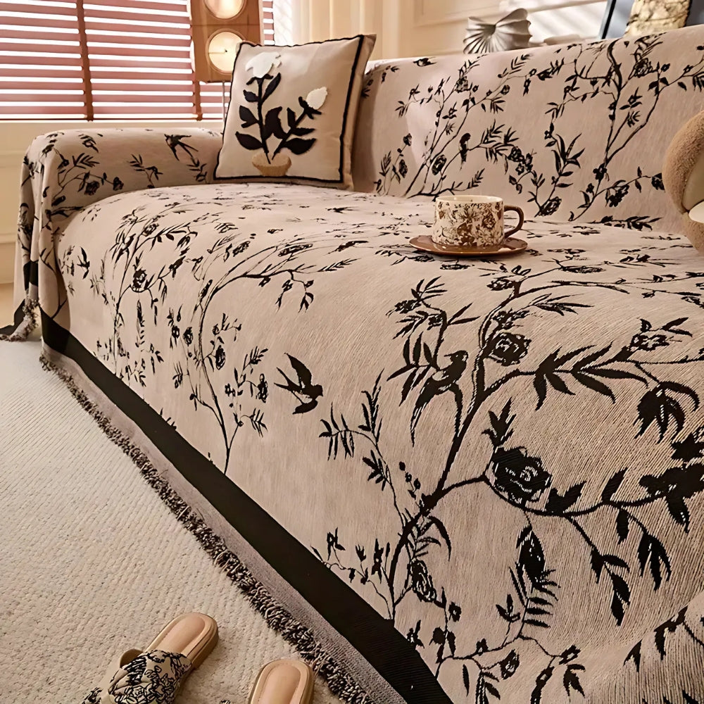 Floral Chenille Sofa Cover with Tassels