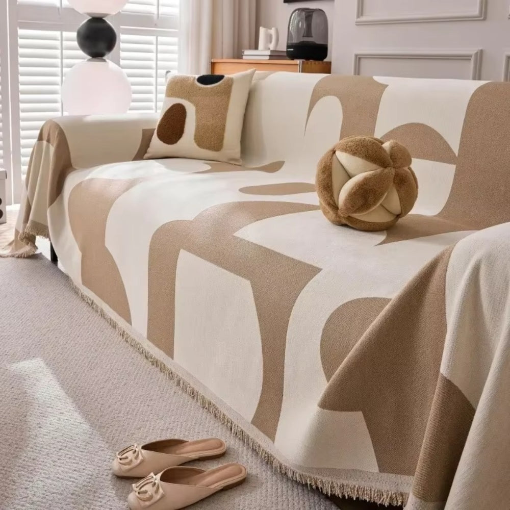 Reversible Boho Chenille Sofa Cover with Tassel Fringes