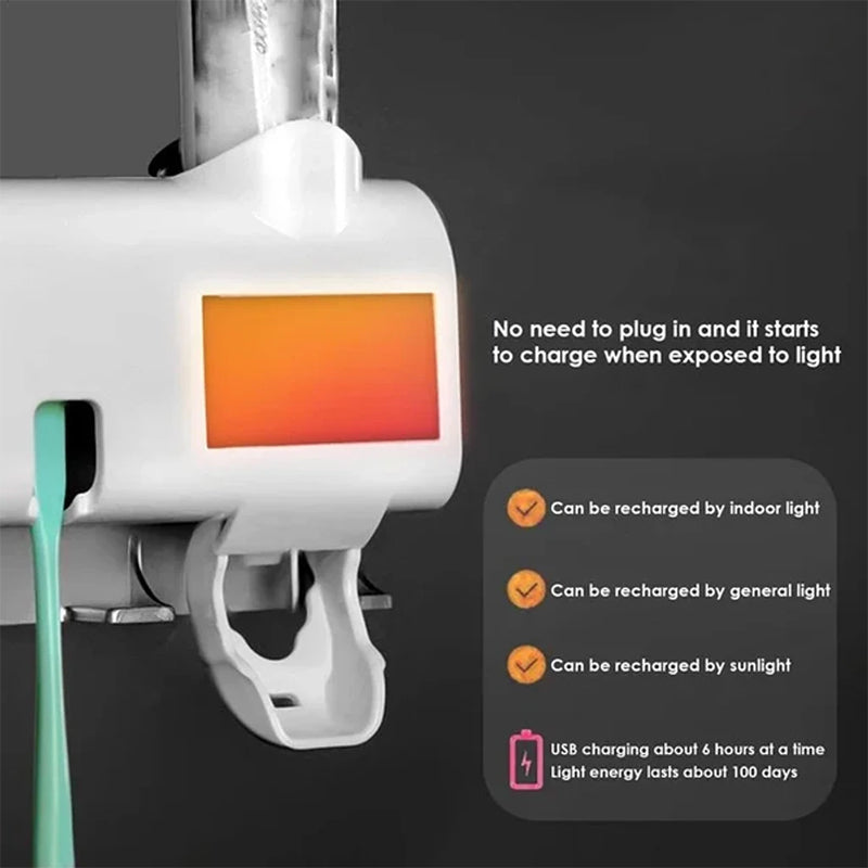 Smart UV Light Toothbrush Holder with Wall-Mounted Toothpaste Dispenser