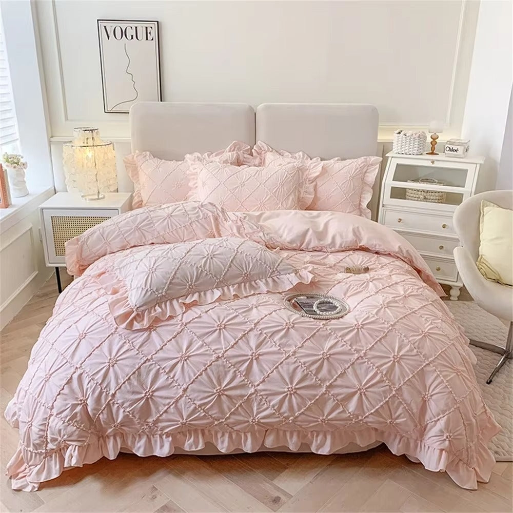 Cotton Plush Ruffle Bedding Set with Pinch Pleats