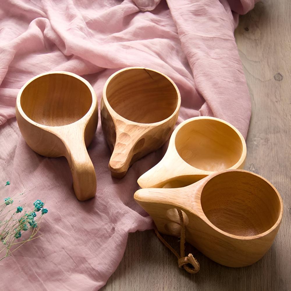 Natural Rubberwood Handcrafted Mug Set