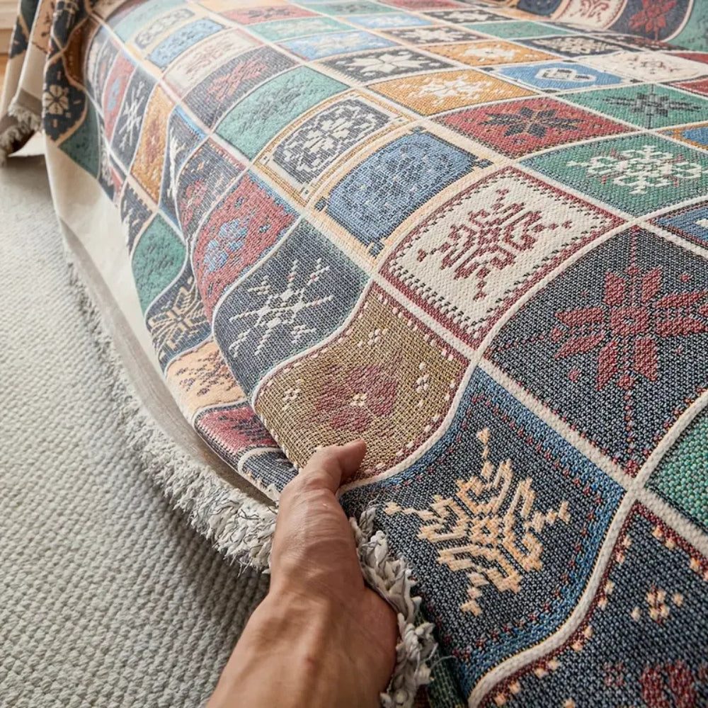 Reversible Boho Chenille Sofa Cover with Tassels